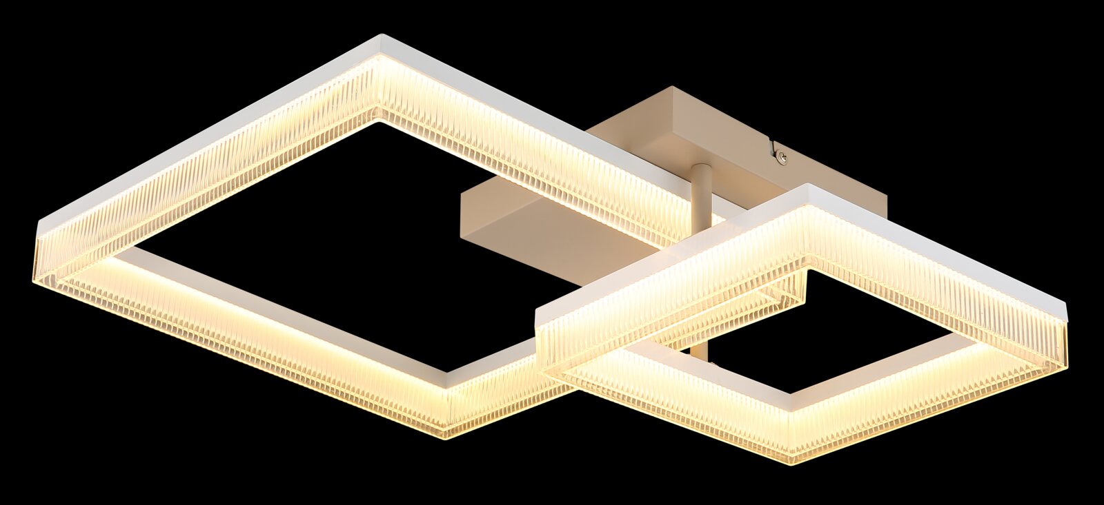 Moderne led-plafondlamp met twee vierkante, verlichte randen, zijaanzicht