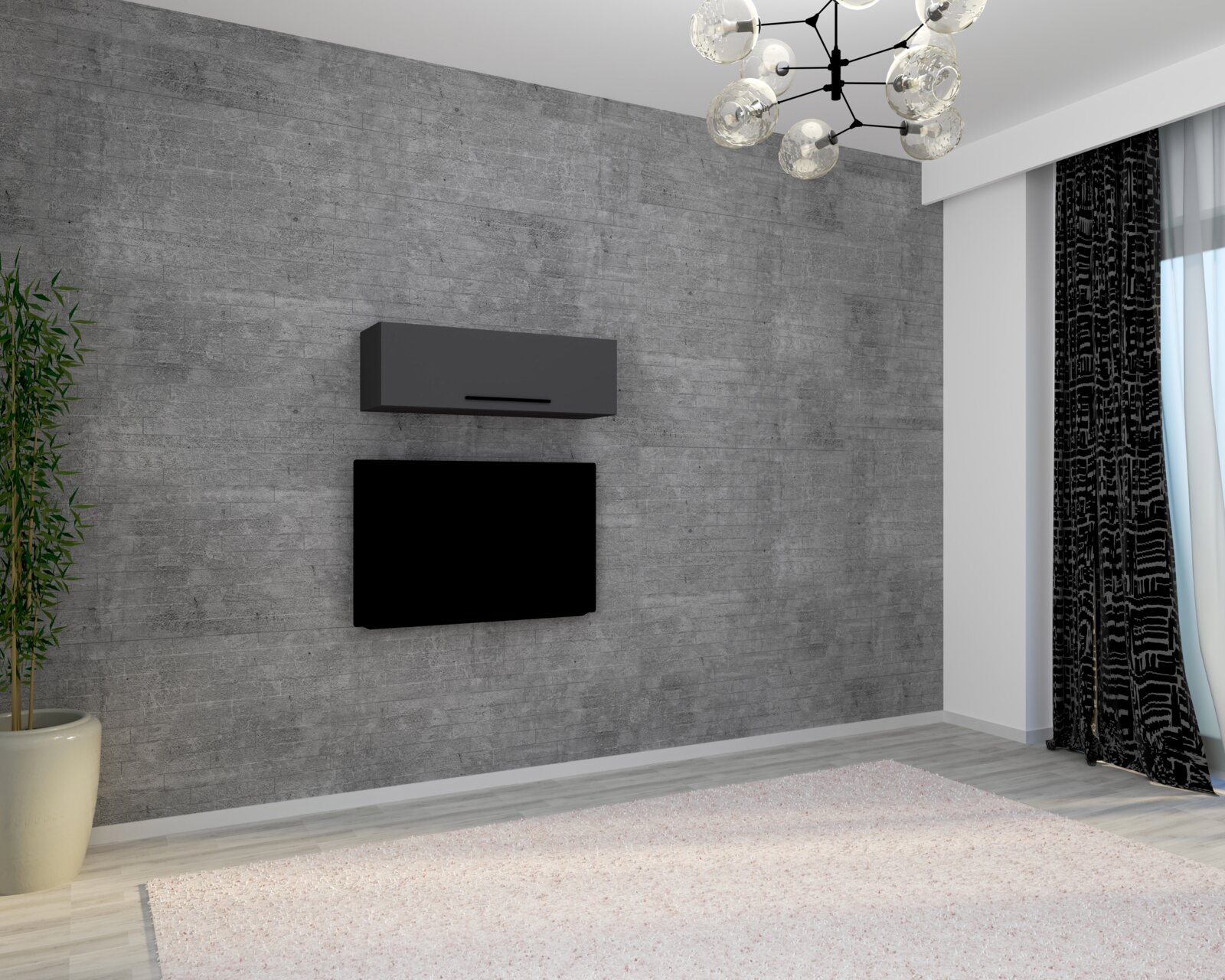 Modernes Wohnzimmer mit grauer Betonwand, wandmontiertem schwarzen TV und schwebendem grauen Hängeschrank darüber; perspektivische Ansicht schräg von vorn.