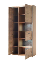 Holz-Kombivitrine mit offenen Türen, zeigt mehrere Regalfächer und eine Glastür, Perspektive von vorne links