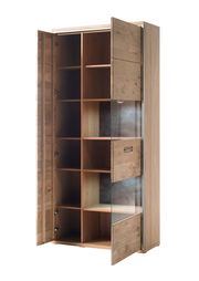 Holz-Kombivitrine mit offenen Türen, zeigt mehrere Regalfächer und eine Glastür, Perspektive von vorne links