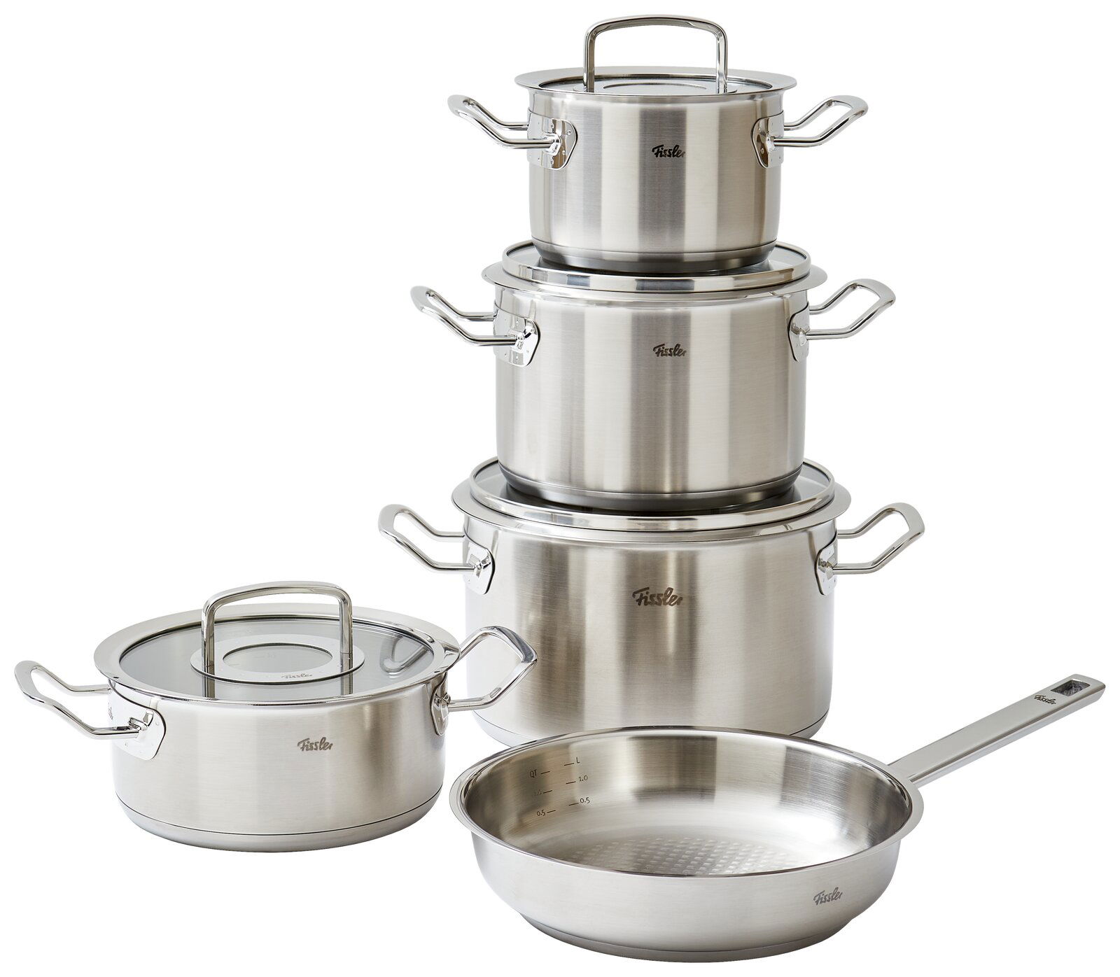 Fissler Topfset 5-tlg. ORIGINAL PROFI COLLECTION Topfset Original-Profi 5-tlg. aus Edelstahl, bestehend aus vier Töpfen mit Deckeln und einer Pfanne, seitliche Perspektive