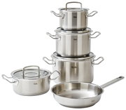 Topfset Original-Profi 5-tlg. aus Edelstahl, bestehend aus vier Töpfen mit Deckeln und einer Pfanne, seitliche Perspektive
