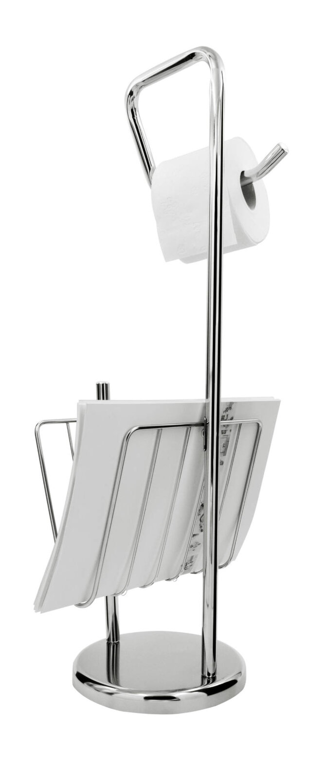 Stand-WC-Papierhalter Elara aus Metall mit integriertem Zeitungsständer, seitliche Perspektive