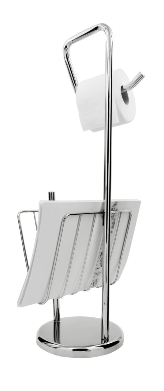 Stand-WC-Papierhalter Elara aus Metall mit integriertem Zeitungsständer, seitliche Perspektive