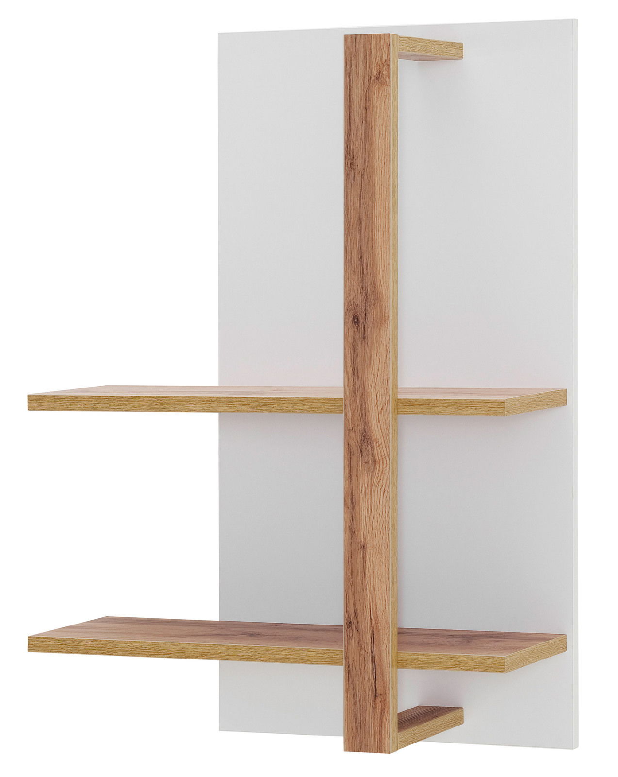 Modernes Wandregal mit zwei Holzböden und vertikaler Holzstrebe, seitliche Perspektive