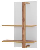 Modernes Wandregal mit zwei Holzböden und vertikaler Holzstrebe, seitliche Perspektive