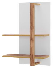 Modernes Wandregal mit zwei Holzböden und vertikaler Holzstrebe, seitliche Perspektive