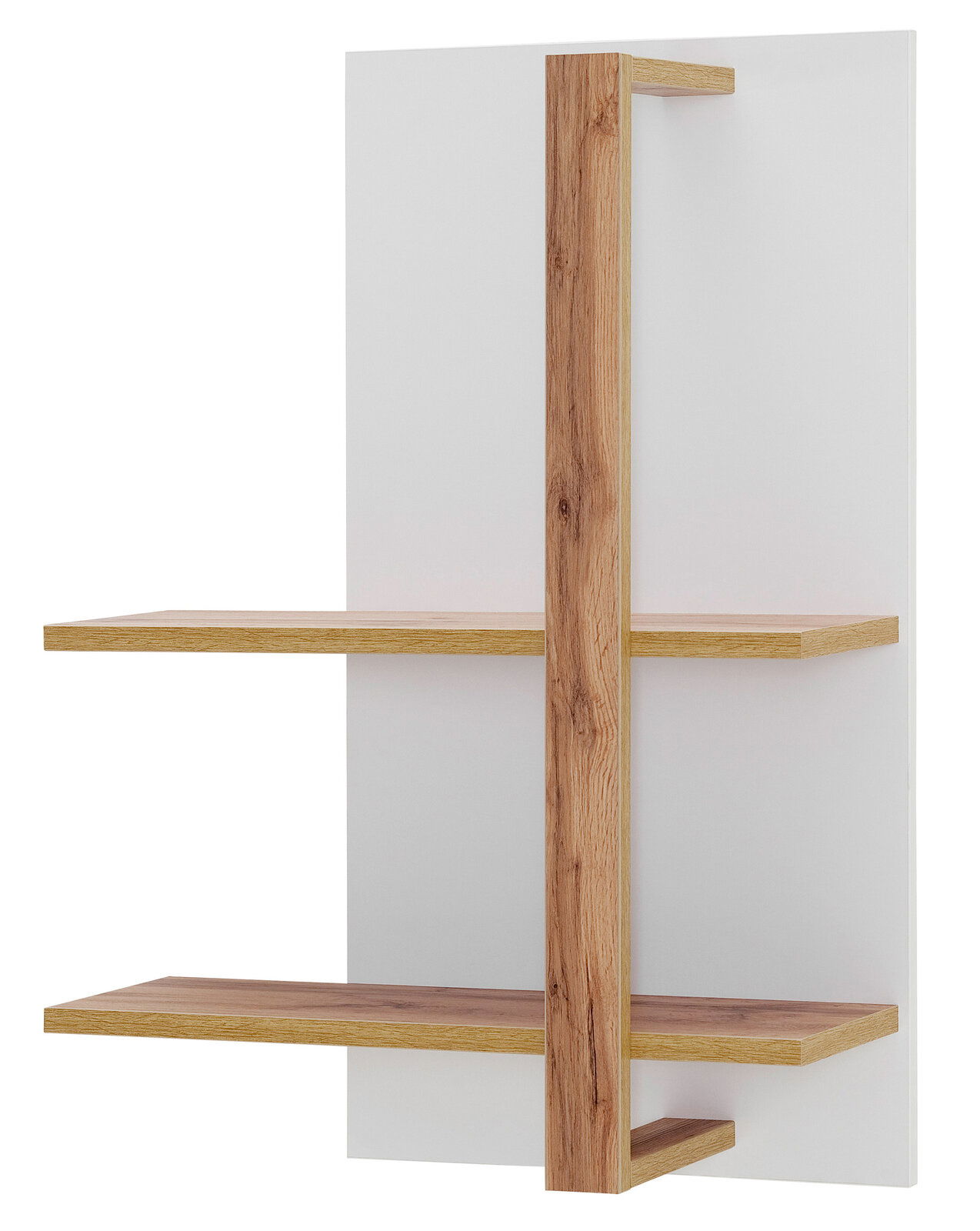 Modernes Wandregal mit zwei Holzböden und vertikaler Holzstrebe, seitliche Perspektive