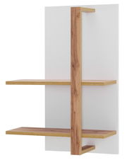 Modernes Wandregal mit zwei Holzböden und vertikaler Holzstrebe, seitliche Perspektive