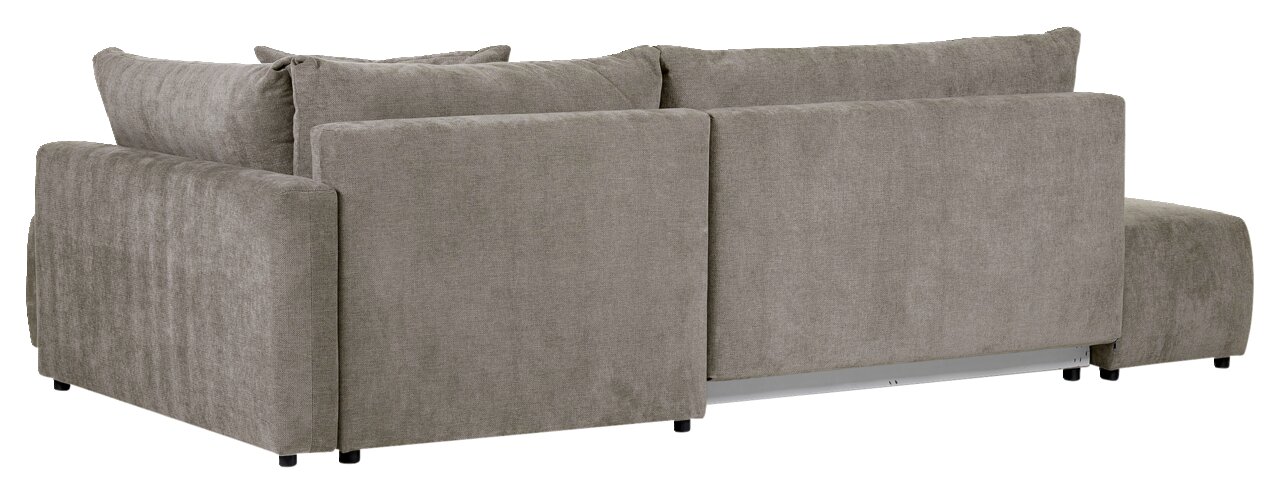 Rückansicht eines grauen Ecksofas SORIA mit runden Ecken und weichen Kissen.