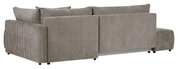 Rückansicht eines grauen Ecksofas SORIA mit runden Ecken und weichen Kissen.