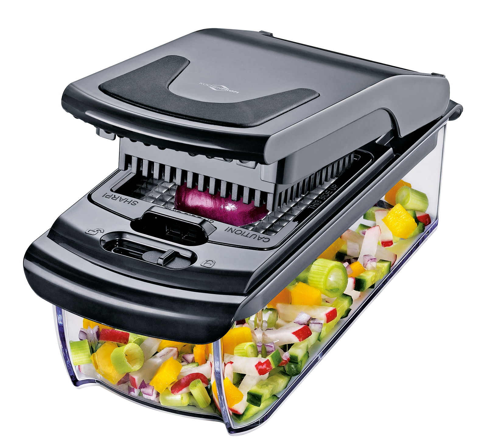 Zwiebel- und Gemüsehacker in seitlicher Perspektive, der bunte Gemüsewürfel in einem transparenten Behälter auffängt.