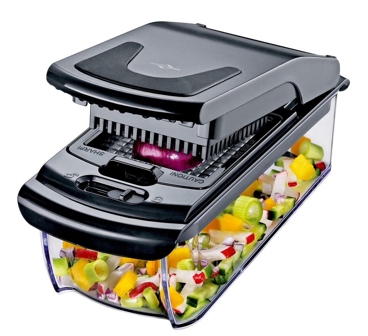 Zwiebel- und Gemüsehacker in seitlicher Perspektive, der bunte Gemüsewürfel in einem transparenten Behälter auffängt.