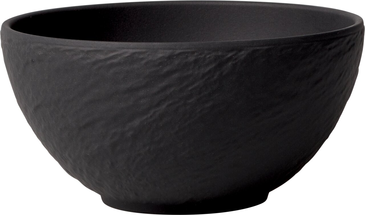 Schwarze Müslischale mit strukturierter Oberfläche, seitliche Perspektive