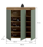 Offener Schrank mit Holzoptik-Korpus und salbeigrünen Türen, Innenfächer mit Maßangaben (H 111 cm, B 105 cm, T 37 cm) und Belastbarkeit (Deckplatte 20 kg, Fachboden 5 kg), Frontansicht leicht schräg von vorn.