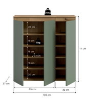Offener Schrank mit Holzoptik-Korpus und salbeigrünen Türen, Innenfächer mit Maßangaben (H 111 cm, B 105 cm, T 37 cm) und Belastbarkeit (Deckplatte 20 kg, Fachboden 5 kg), Frontansicht leicht schräg von vorn.