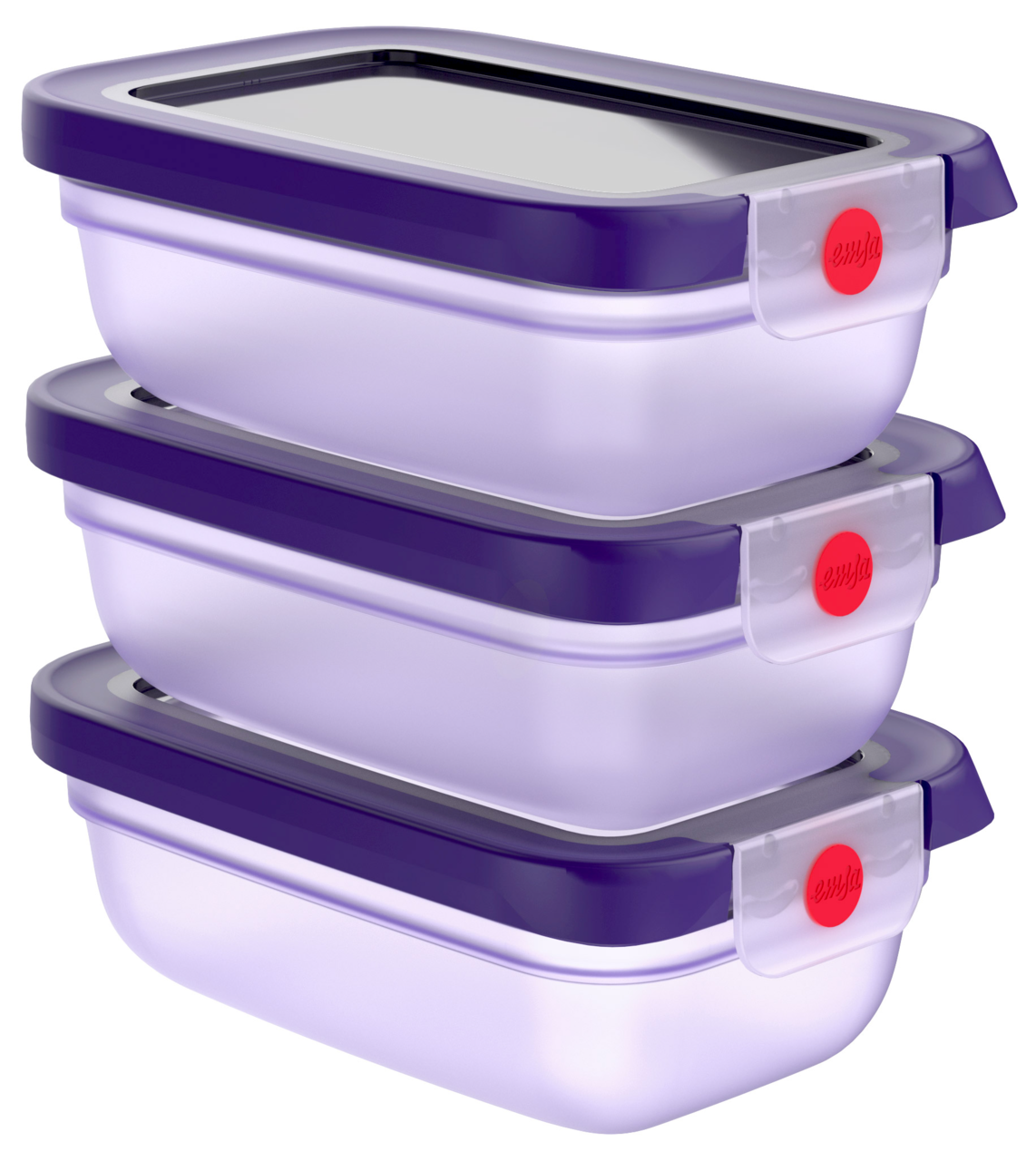 Dreiteiliges Frischhaltedosen-Set in lila, gestapelt, seitliche Perspektive