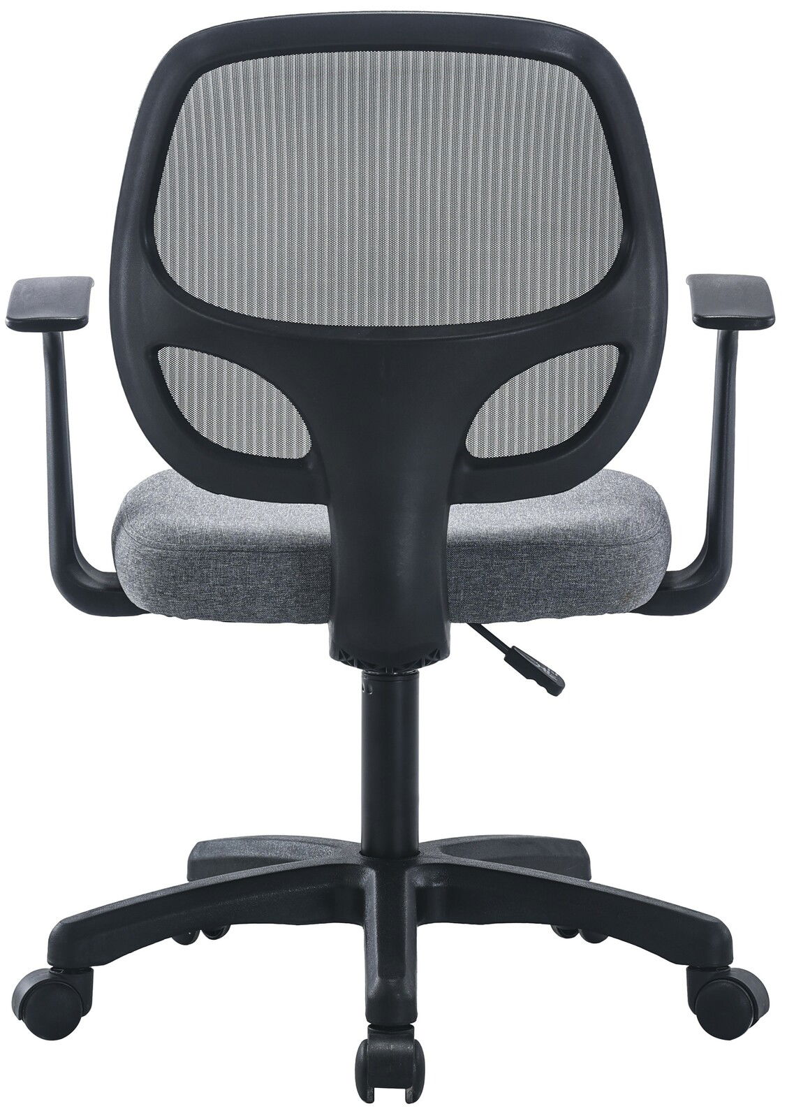 Rückansicht eines Drehstuhls mit grauem Netzrücken und gepolstertem Sitz, Armlehnen und Rollen.