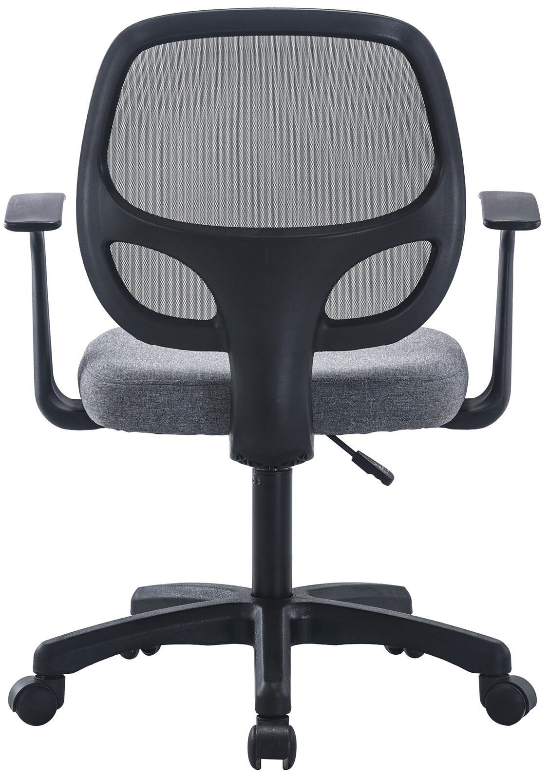 Rückansicht eines Drehstuhls mit grauem Netzrücken und gepolstertem Sitz, Armlehnen und Rollen.