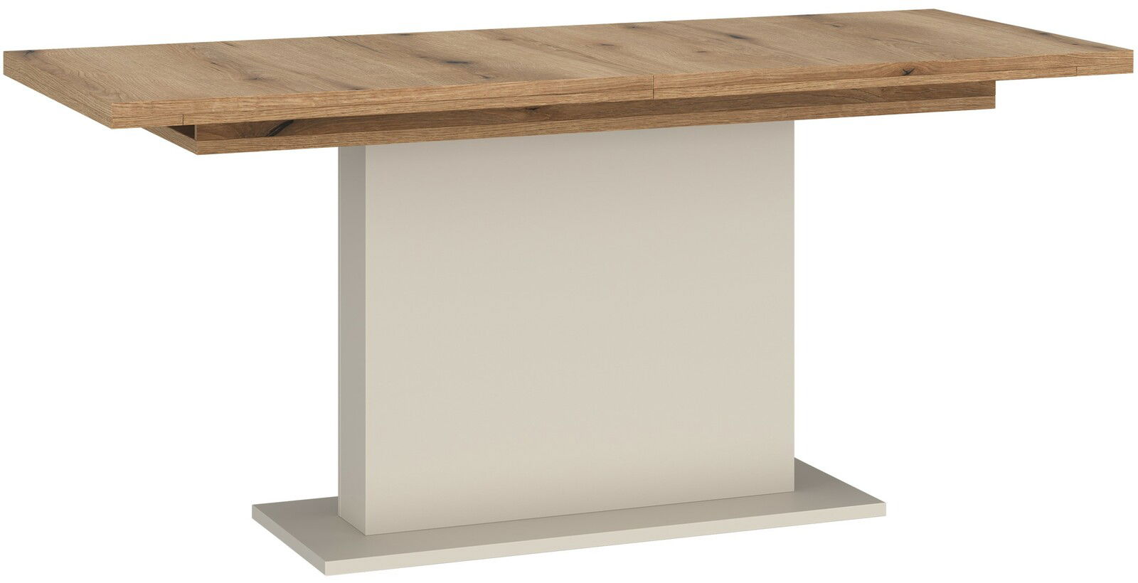 Z2 Esstisch CUT OUT Moderner Esstisch mit Holzplatte und zentralem, rechteckigem Sockel in seitlicher Perspektive.