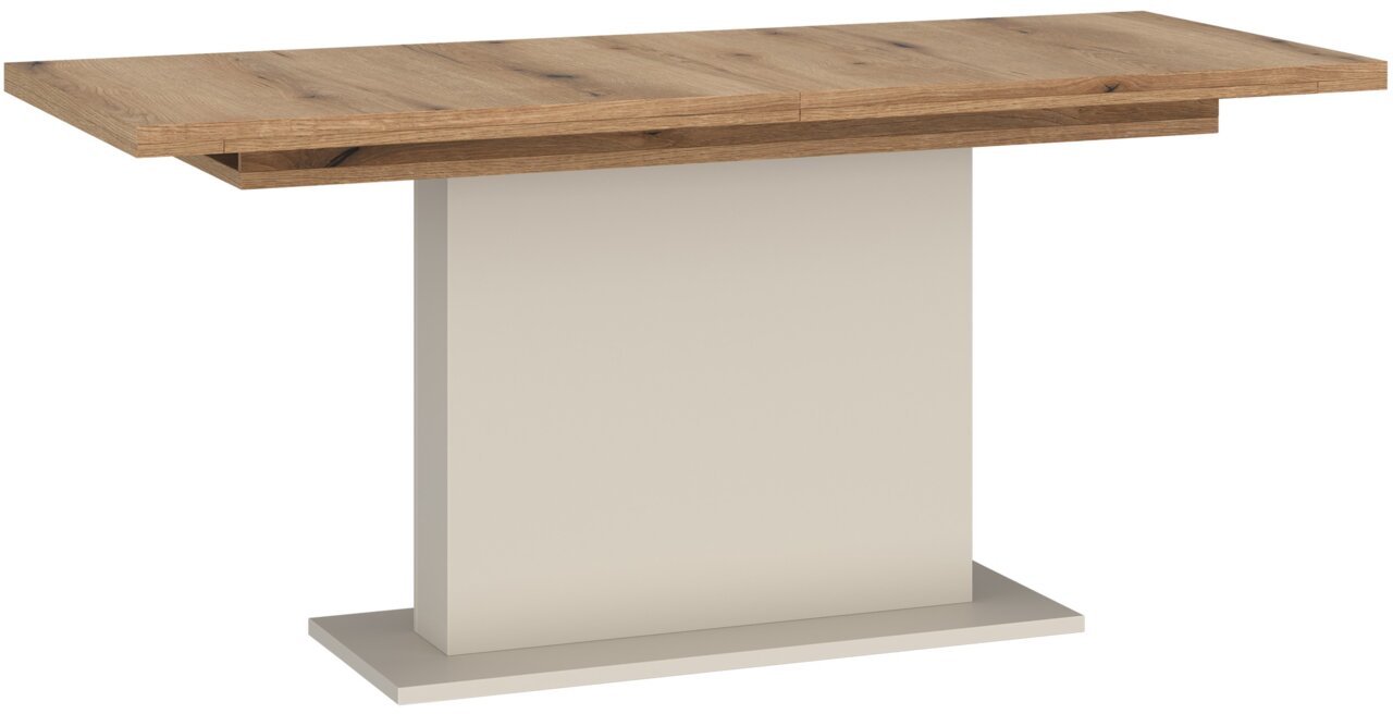 Z2 Funktions-Esstisch CUT OUT Moderner Esstisch mit Holzplatte und zentralem, rechteckigem Sockel in seitlicher Perspektive.