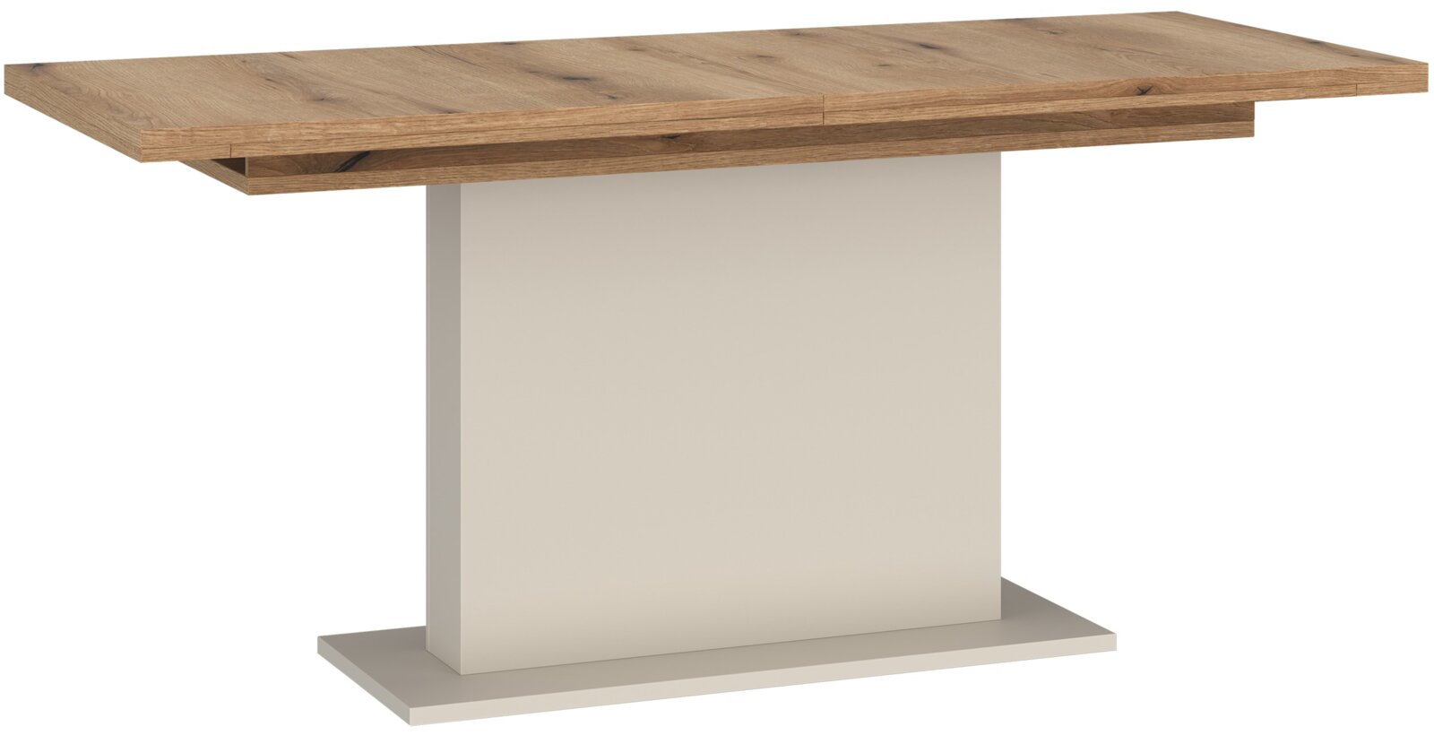 Z2 Functionele eettafel CUT OUT Moderne eettafel met houten blad en een rechthoekige voet in het midden, gezien vanuit de zijkant.