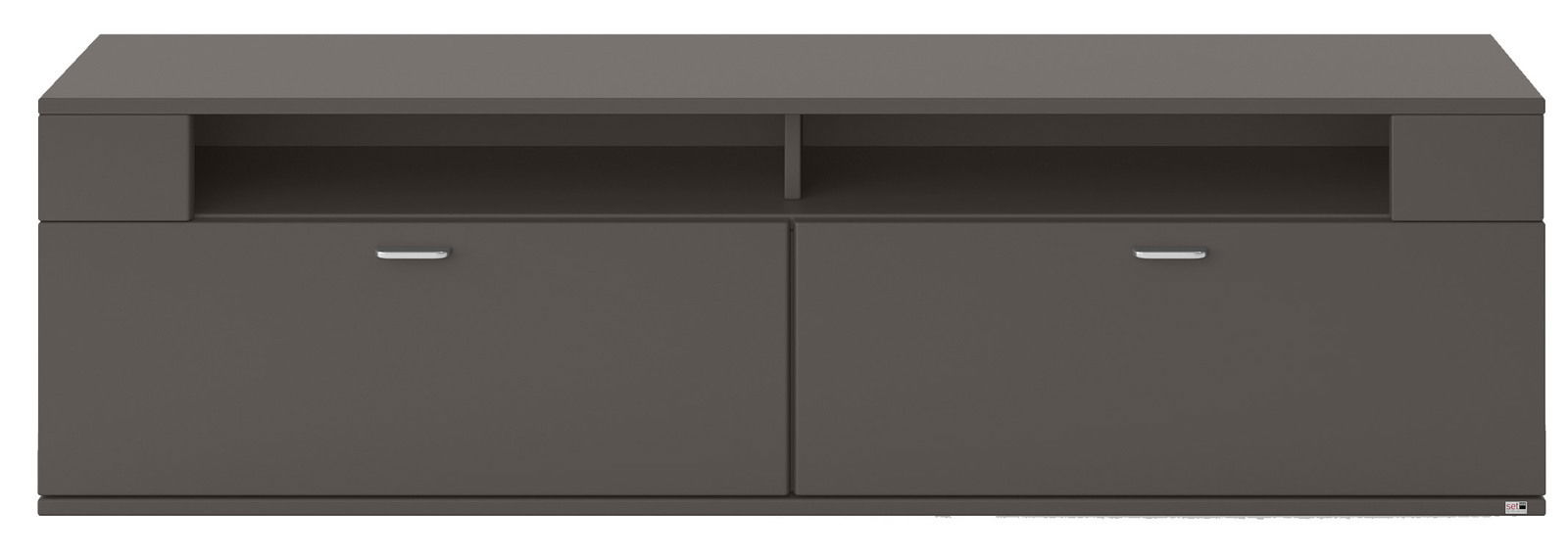 Frontale Ansicht eines modernen, dunkelgrauen TV-Lowboards mit zwei Türen und einem offenen Fach.
