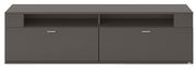 Frontale Ansicht eines modernen, dunkelgrauen TV-Lowboards mit zwei Türen und einem offenen Fach.