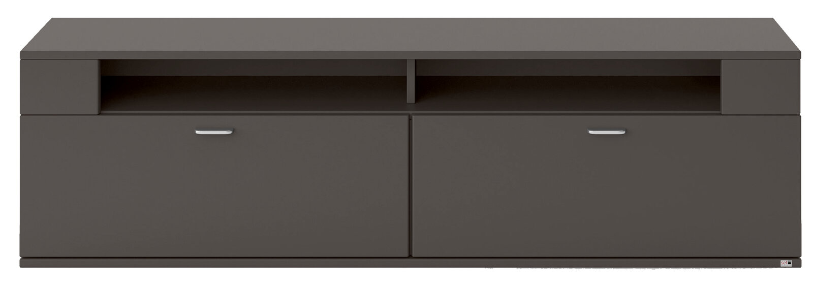 Frontale Ansicht eines modernen, dunkelgrauen TV-Lowboards mit zwei Türen und einem offenen Fach.