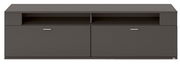 Frontale Ansicht eines modernen, dunkelgrauen TV-Lowboards mit zwei Türen und einem offenen Fach.