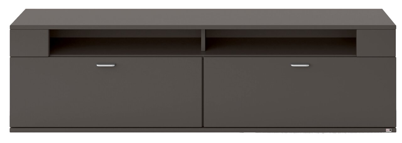 Frontale Ansicht eines modernen, dunkelgrauen TV-Lowboards mit zwei Türen und einem offenen Fach.