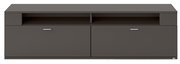 Frontale Ansicht eines modernen, dunkelgrauen TV-Lowboards mit zwei Türen und einem offenen Fach.