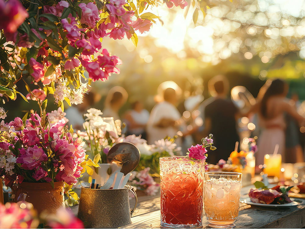 Een zomers tuinfeest bij zonsondergang met cocktails, bloemen, hapjes en feestende mensen op de achtergrond