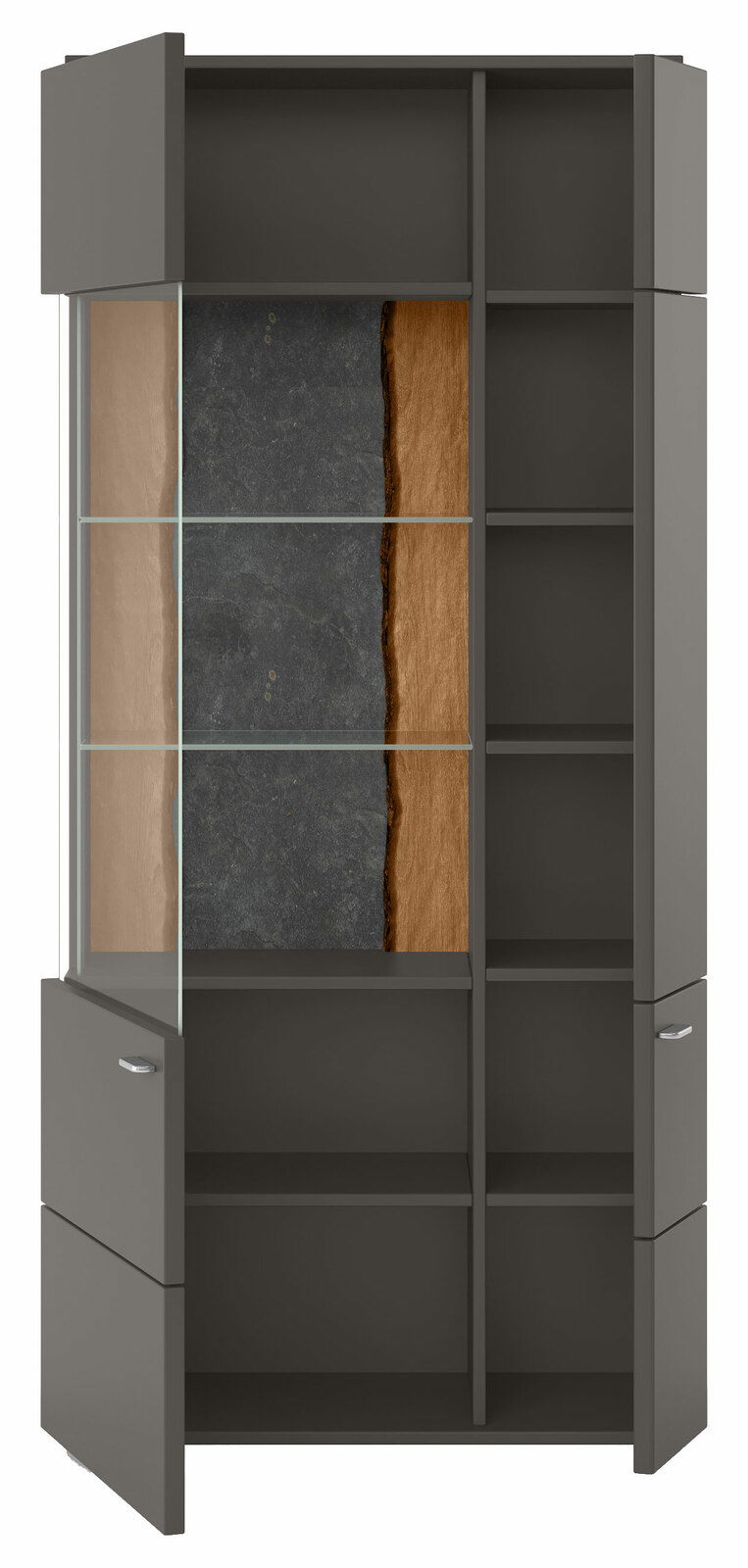 Moderne Vitrine in dunklem Grau mit Glasfront und Holzdetails, frontal betrachtet.