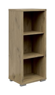 Holz-Aktenregal mit drei offenen Fächern, schmale Bauweise, Perspektive von vorne links