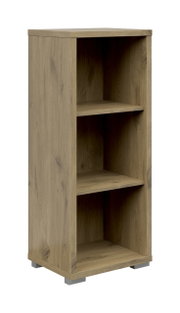 Holz-Aktenregal mit drei offenen Fächern, schmale Bauweise, Perspektive von vorne links