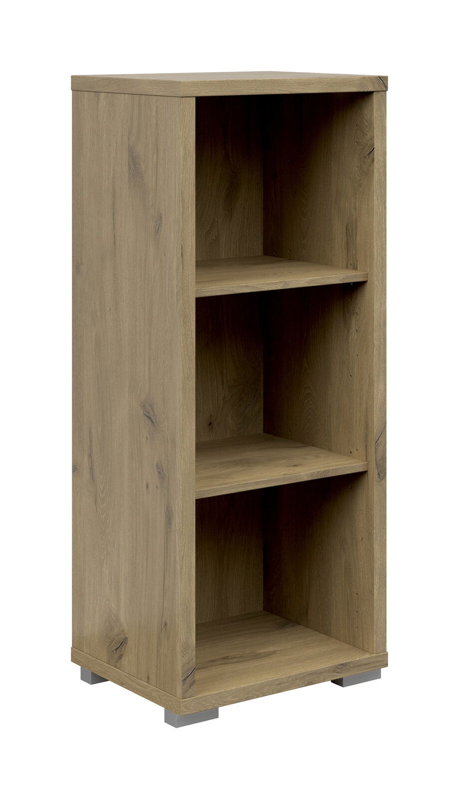 Holz-Aktenregal mit drei offenen Fächern, schmale Bauweise, Perspektive von vorne links