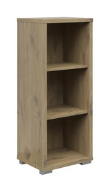 Holz-Aktenregal mit drei offenen Fächern, schmale Bauweise, Perspektive von vorne links