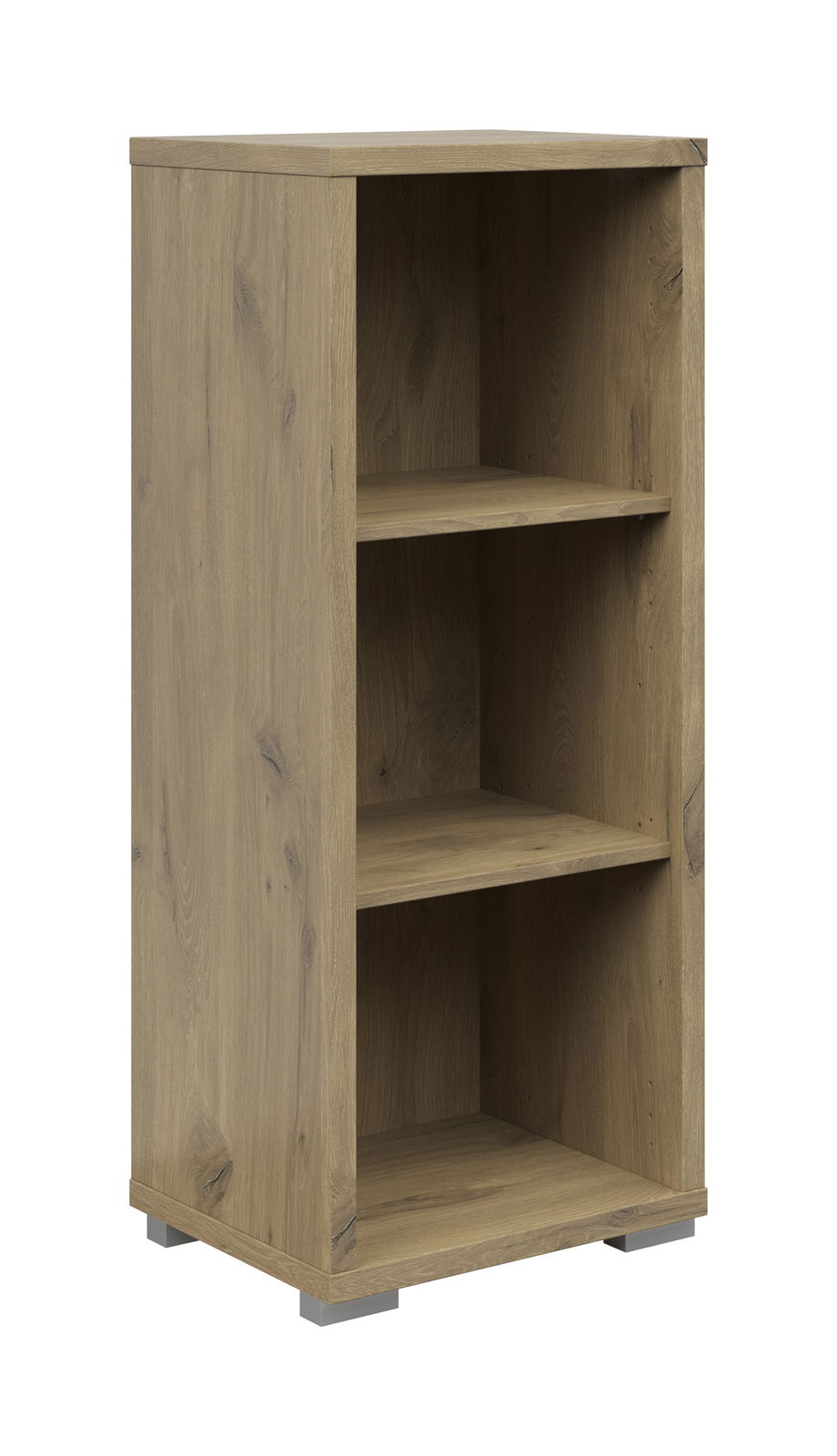 Holz-Aktenregal mit drei offenen Fächern, schmale Bauweise, Perspektive von vorne links