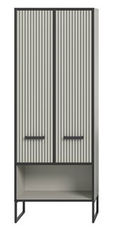 Moderner Hochschrank mit vertikalen Streifen und offenen Regalfächern, Frontalansicht