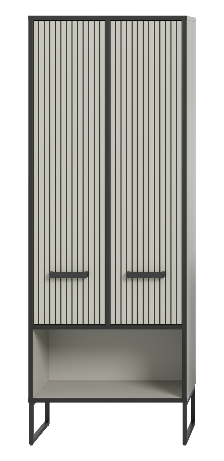 Moderner Hochschrank mit vertikalen Streifen und offenen Regalfächern, Frontalansicht