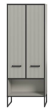 Moderner Hochschrank mit vertikalen Streifen und offenen Regalfächern, Frontalansicht