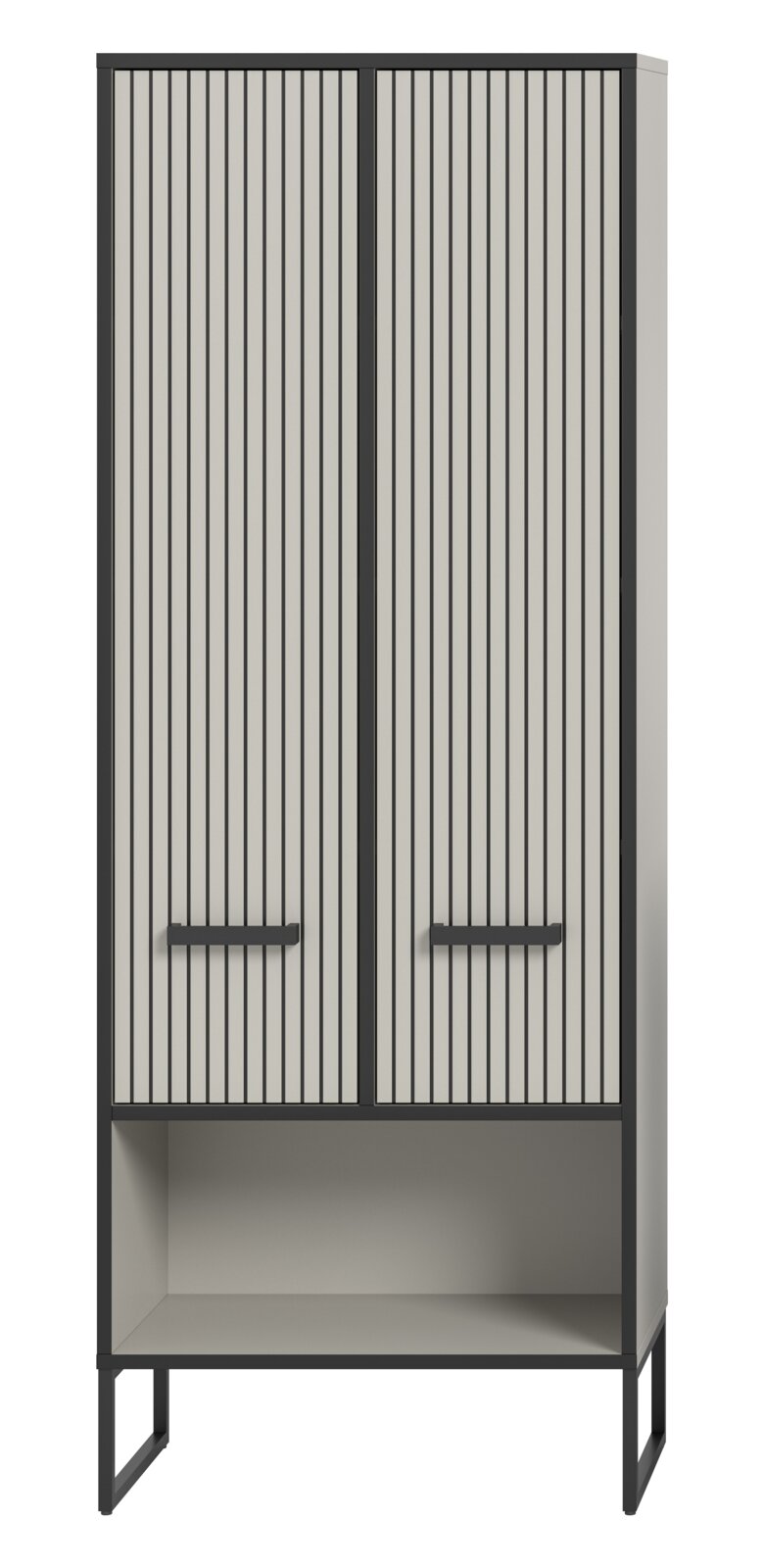 Moderner Hochschrank mit vertikalen Streifen und offenen Regalfächern, Frontalansicht