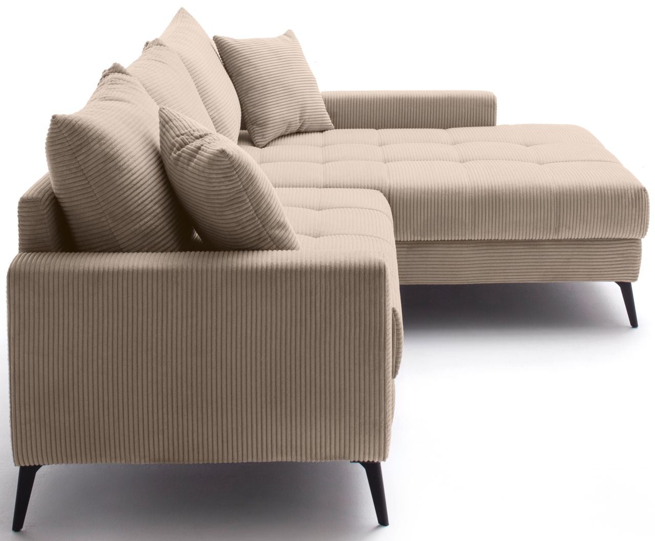 Beige Ecksofa mit Rillenstruktur, seitliche Perspektive