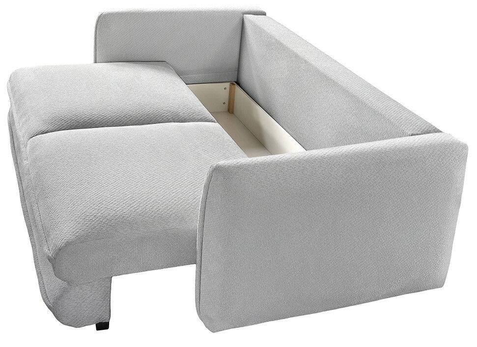 Graues Funktionssofa mit Stauraum, seitliche Perspektive