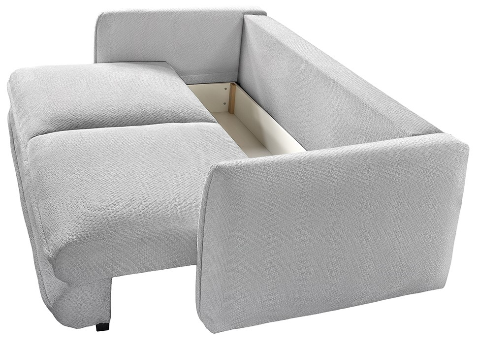 Graues Funktionssofa mit Stauraum, seitliche Perspektive