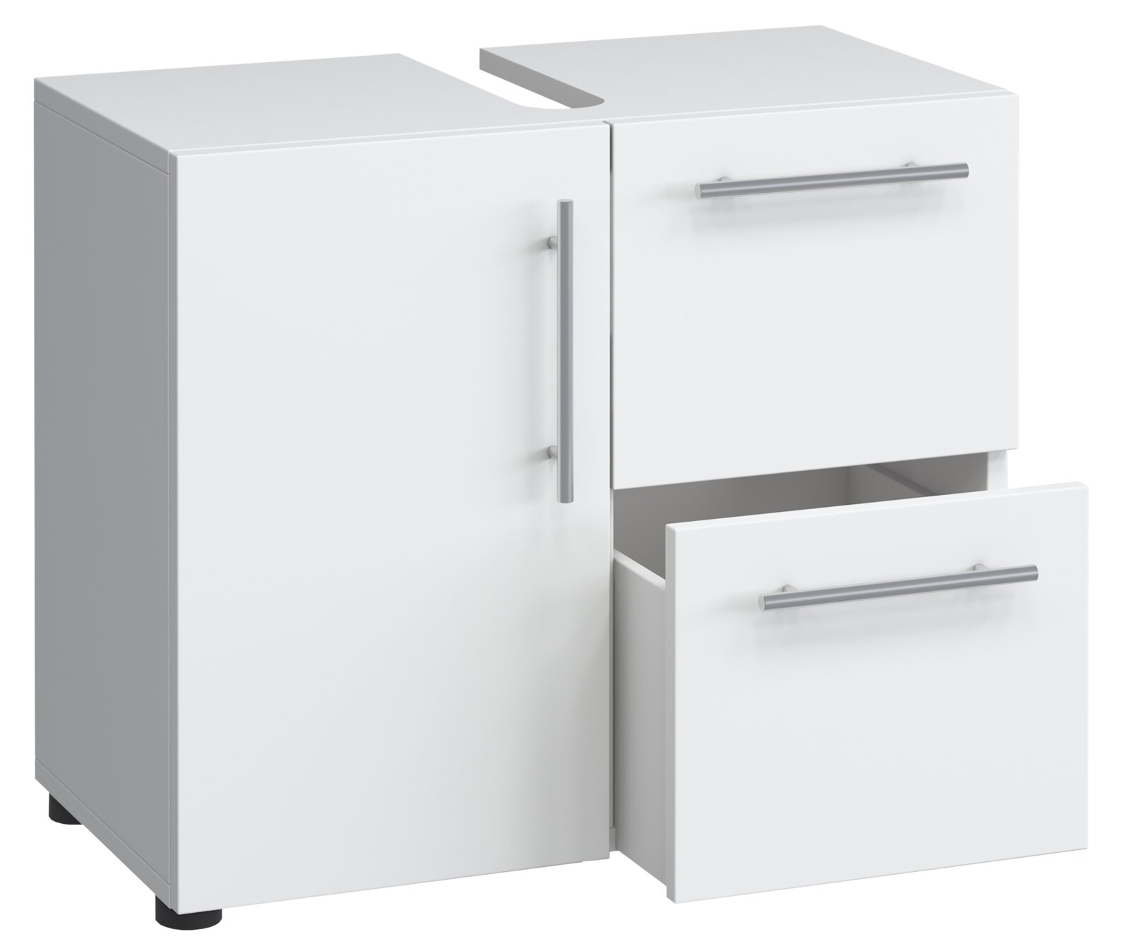 Weißer Badezimmer-Waschbeckenunterschrank mit Aussparung für den Siphon, Tür links und zwei Schubladen rechts (untere Schublade geöffnet), Metallgriffe, Ansicht schräg von vorn