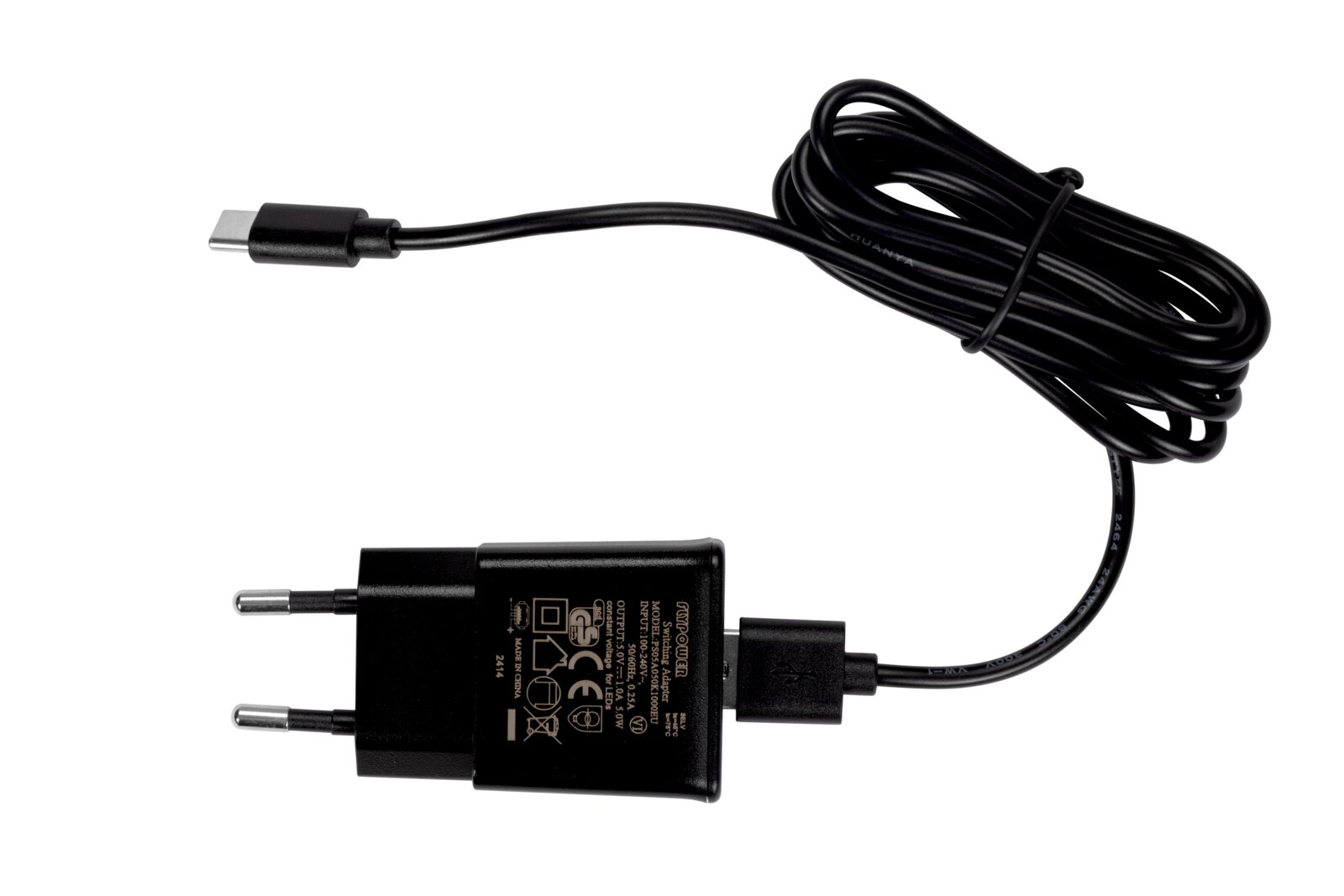 Zwarte USB-C-oplader met kabel, bovenaanzicht