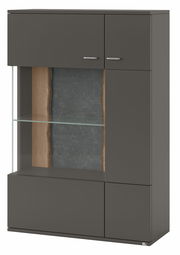 Modernes Highboard in dunklem Grau mit Glasregal und Holz- und Steinelementen, Frontalansicht
