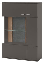 Modernes Highboard in dunklem Grau mit Glasregal und Holz- und Steinelementen, Frontalansicht